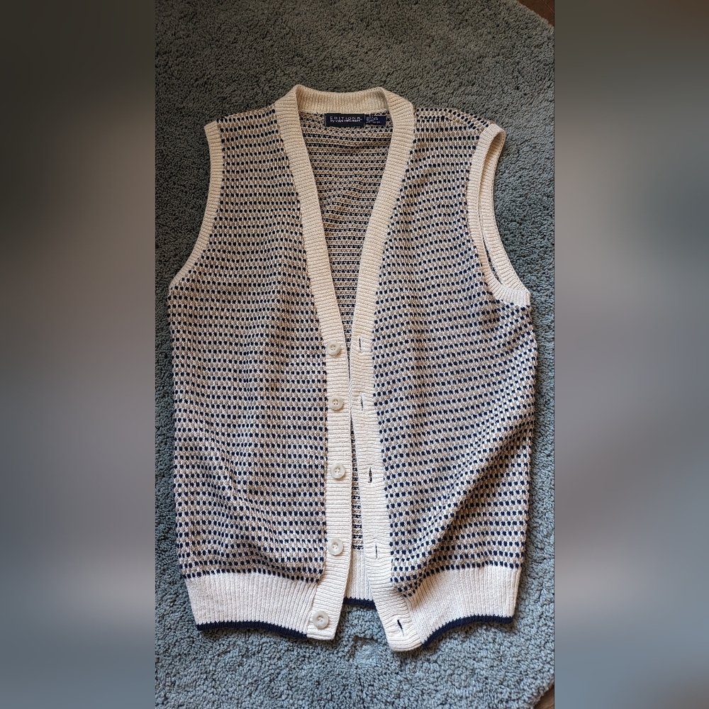 Cream and blue oversized knit vest cardigan